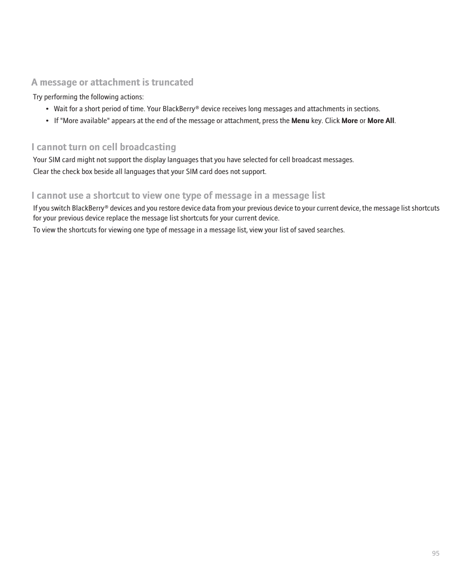 A message or attachment is truncated, I cannot turn on cell broadcasting | Blackberry 8120 User Manual | Page 97 / 302