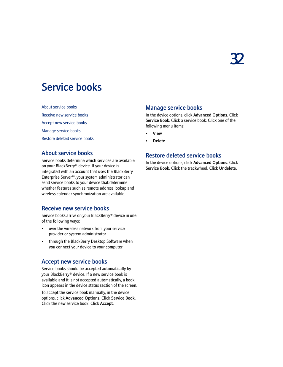 Service books, About service books, Receive new service books | Accept new service books, Manage service books, Restore deleted service books | Blackberry 7100I User Manual | Page 101 / 160