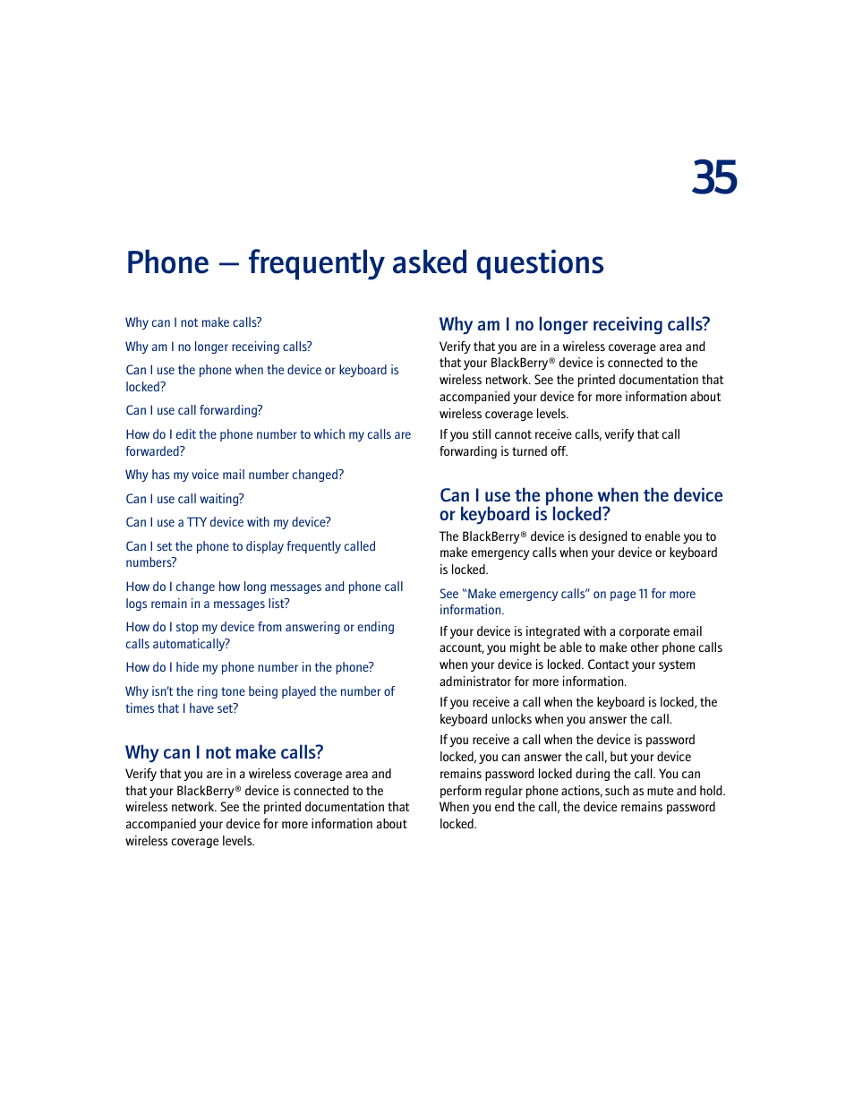Phone - frequently asked questions, Why can i not make calls, Why am i no longer receiving calls | Phone — frequently asked questions | Blackberry 7100I User Manual | Page 107 / 160