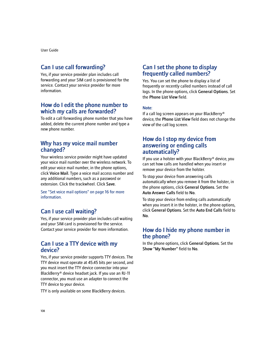 Can i use call forwarding, Why has my voice mail number changed, Can i use call waiting | Can i use a tty device with my device, How do i hide my phone number in the phone | Blackberry 7100I User Manual | Page 108 / 160