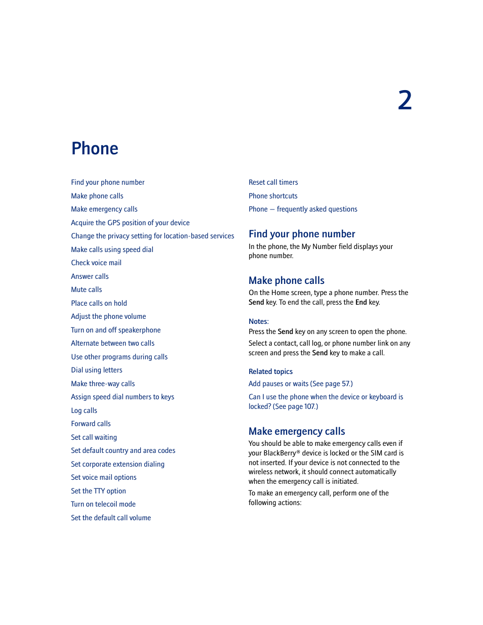 Phone, Find your phone number, Make phone calls | Make emergency calls | Blackberry 7100I User Manual | Page 11 / 160