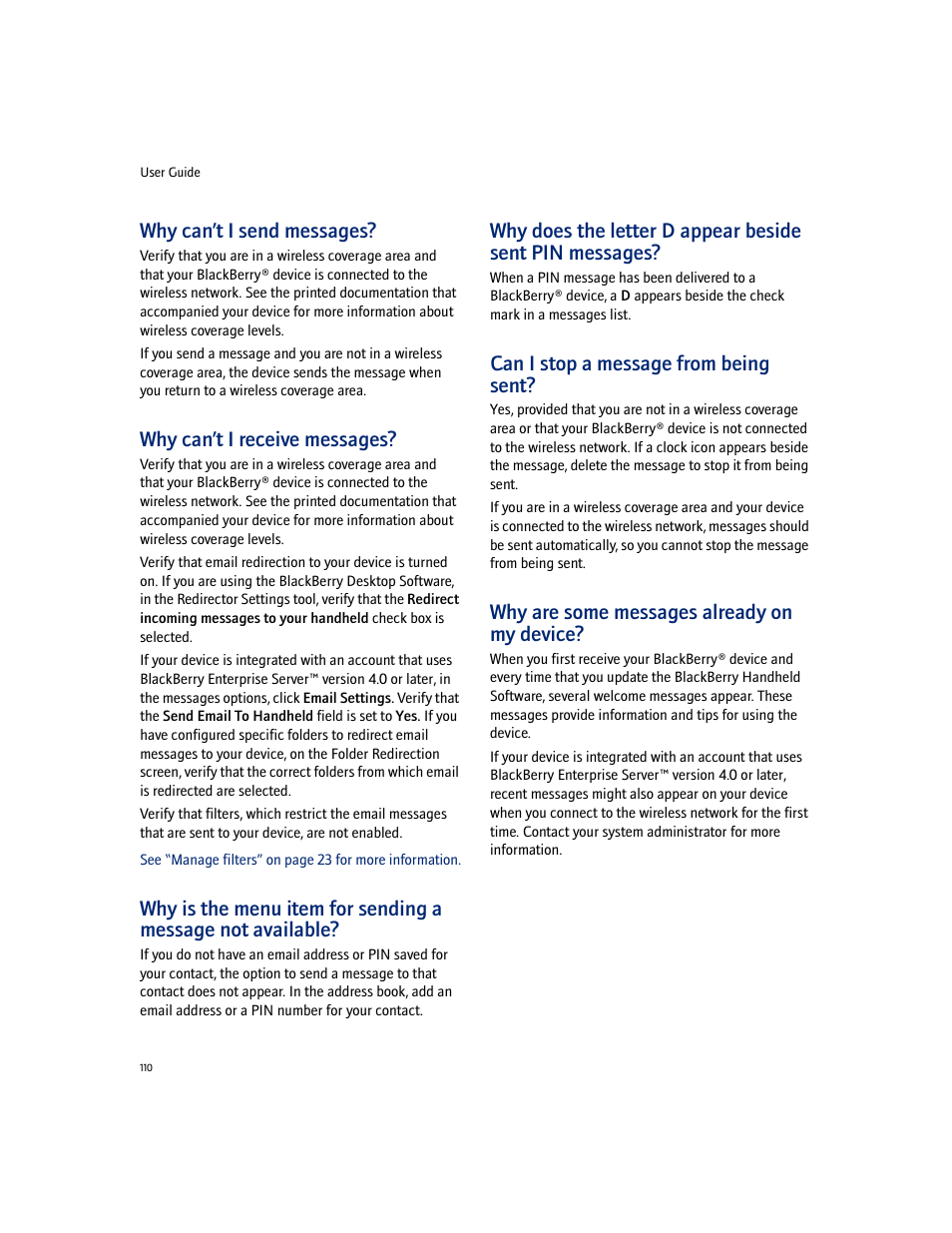 Why can’t i send messages, Why can’t i receive messages, Can i stop a message from being sent | Why are some messages already on my device | Blackberry 7100I User Manual | Page 110 / 160