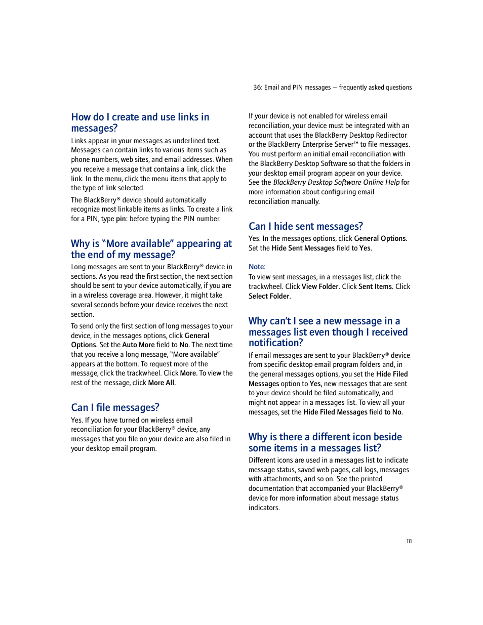 How do i create and use links in messages, Can i file messages, Can i hide sent messages | Blackberry 7100I User Manual | Page 111 / 160