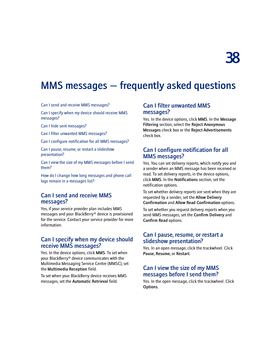 Mms messages - frequently asked questions, Can i send and receive mms messages, Can i filter unwanted mms messages | Can i configure notification for all mms messages, Mms messages — frequently asked questions | Blackberry 7100I User Manual | Page 117 / 160