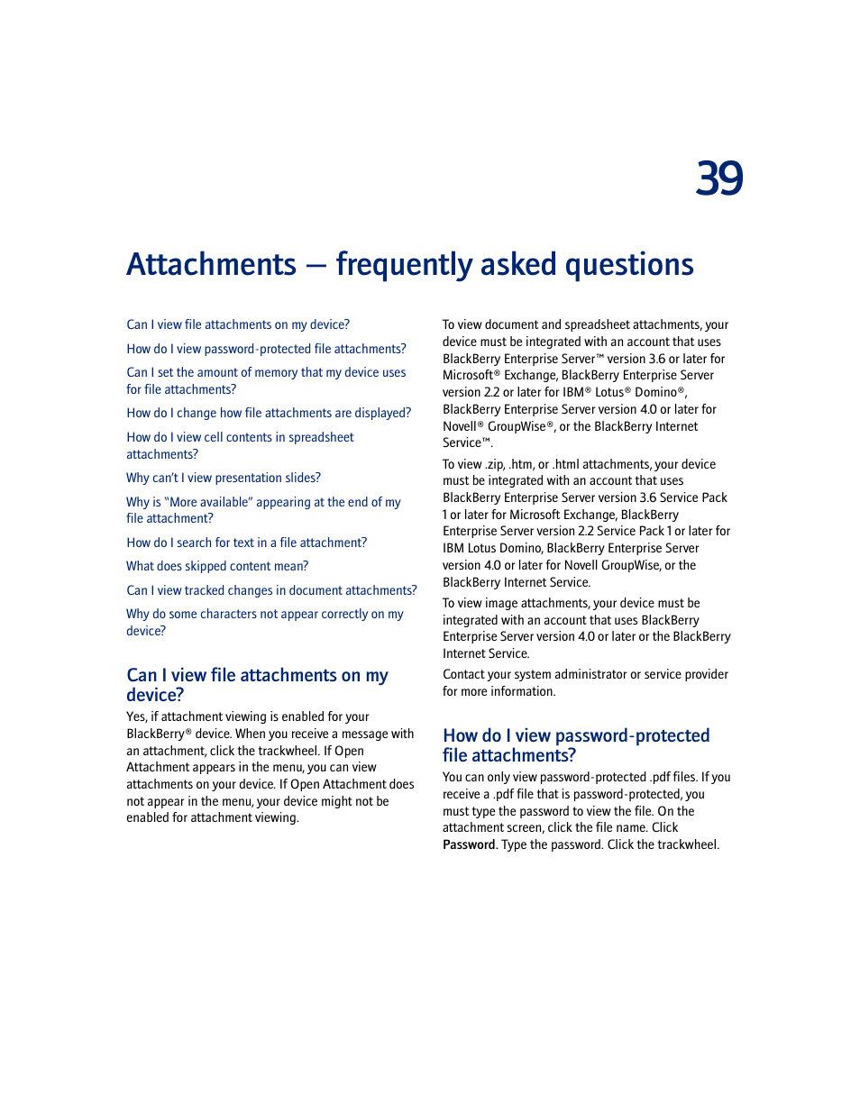 Attachments - frequently asked questions, Can i view file attachments on my device, How do i view password-protected file attachments | Attachments — frequently asked questions | Blackberry 7100I User Manual | Page 119 / 160