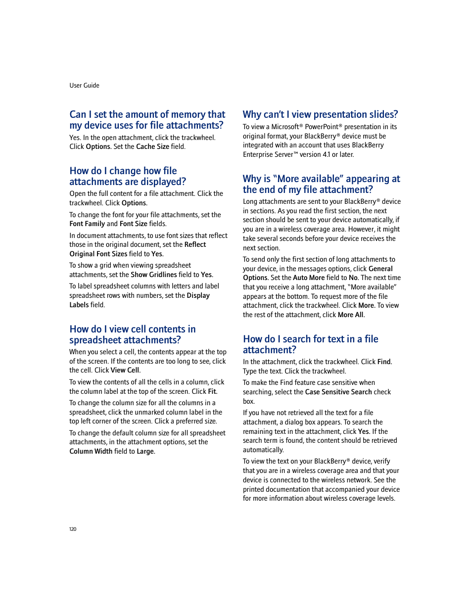 How do i change how file attachments are displayed, Why can’t i view presentation slides, How do i search for text in a file attachment | Blackberry 7100I User Manual | Page 120 / 160