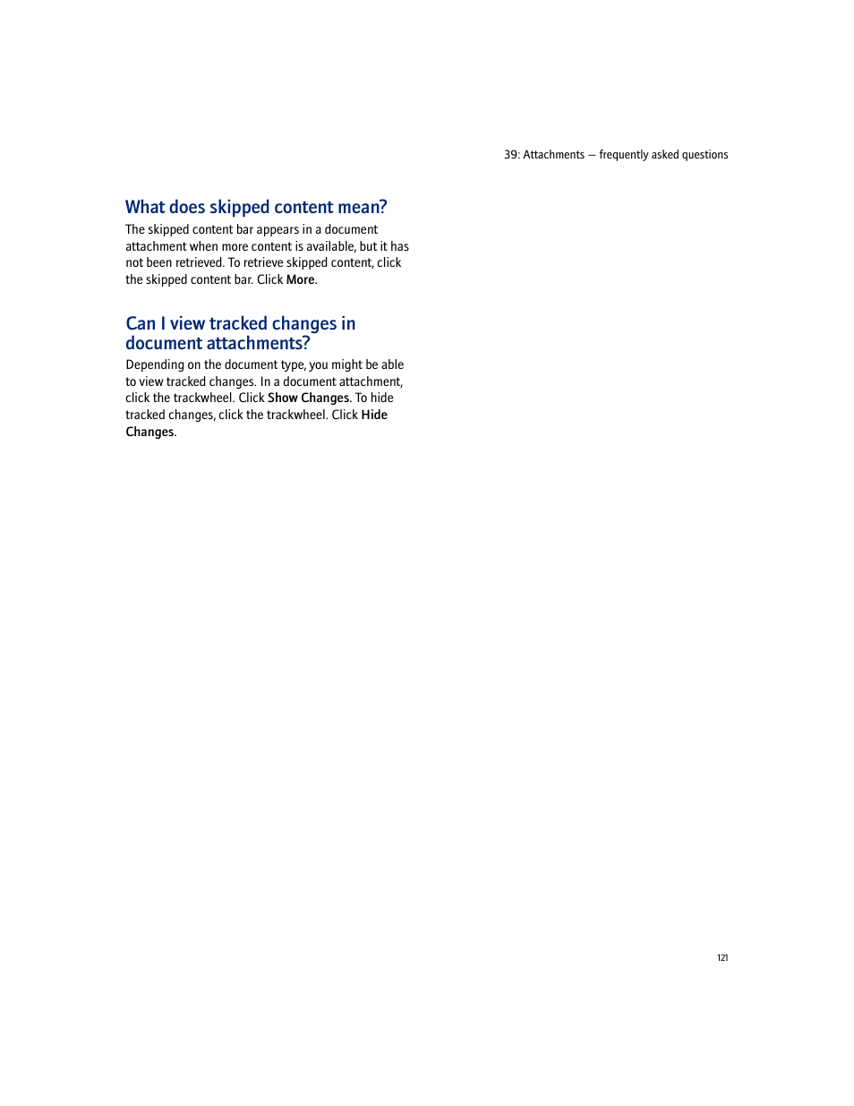 What does skipped content mean, Can i view tracked changes in document attachments | Blackberry 7100I User Manual | Page 121 / 160