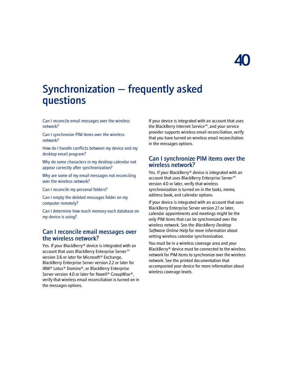 Synchronization - frequently asked questions, Synchronization — frequently asked questions | Blackberry 7100I User Manual | Page 123 / 160