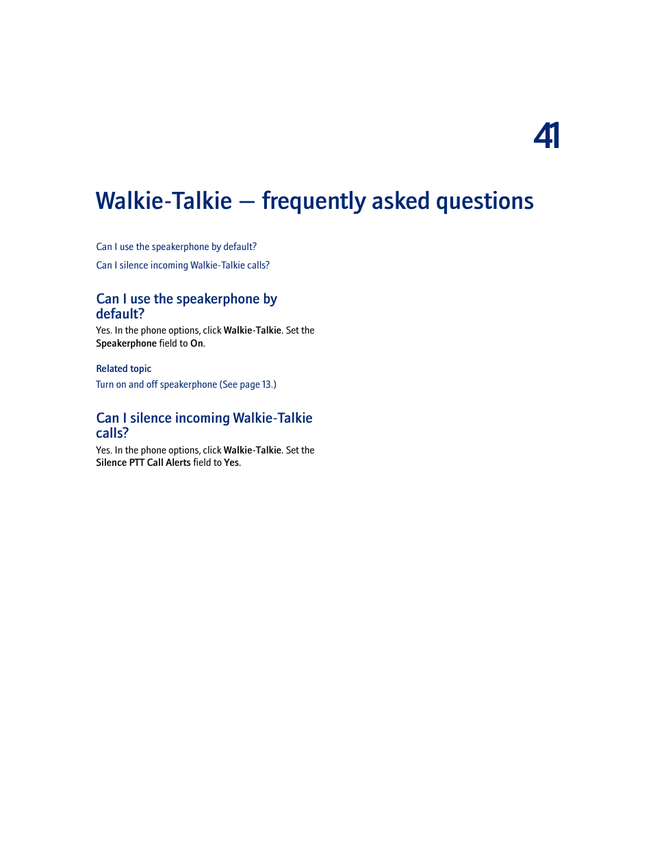 Walkie-talkie - frequently asked questions, Can i use the speakerphone by default, Can i silence incoming walkie-talkie calls | Walkie-talkie — frequently asked questions | Blackberry 7100I User Manual | Page 127 / 160