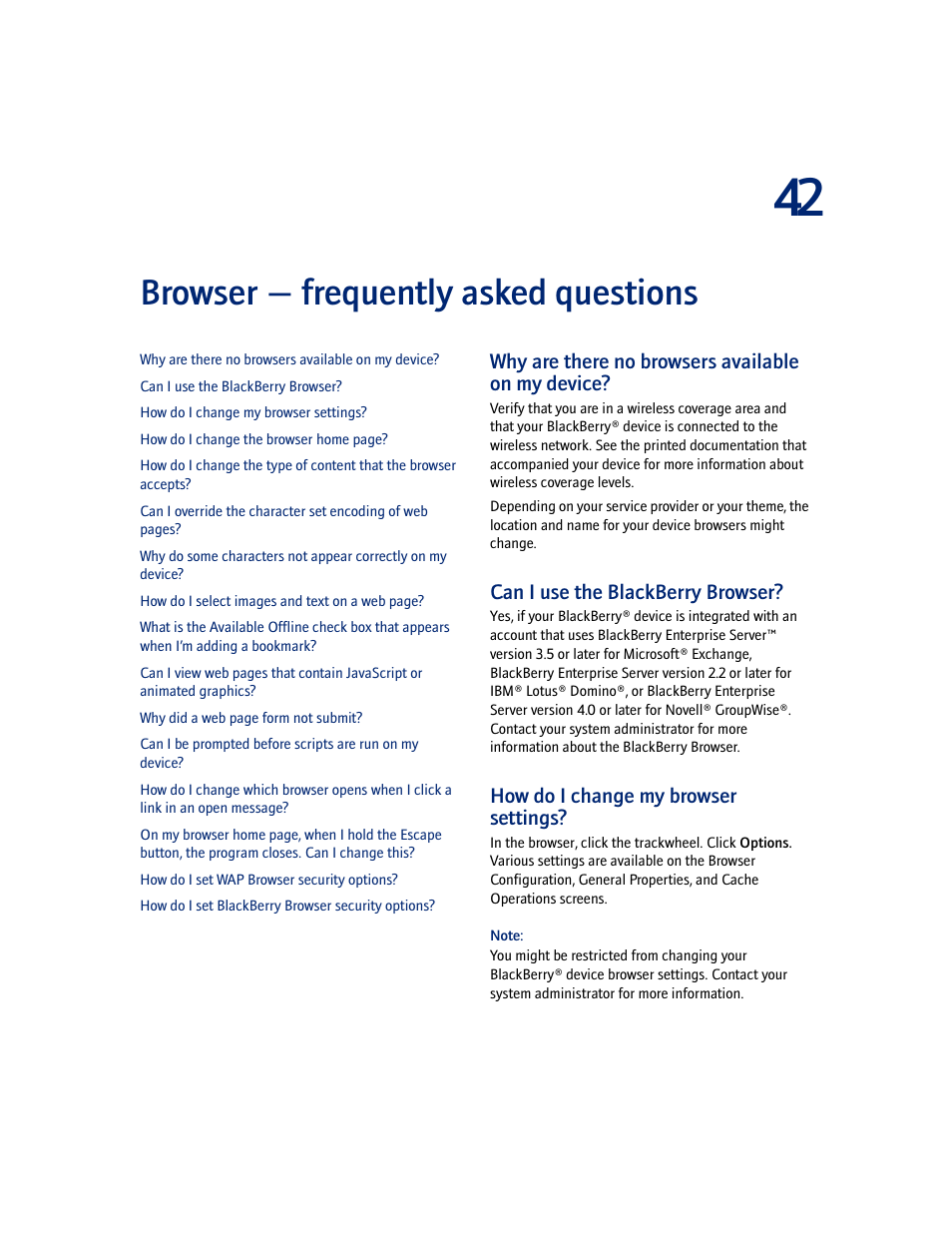 Browser - frequently asked questions, Why are there no browsers available on my device, Can i use the blackberry browser | How do i change my browser settings, Browser — frequently asked questions | Blackberry 7100I User Manual | Page 129 / 160