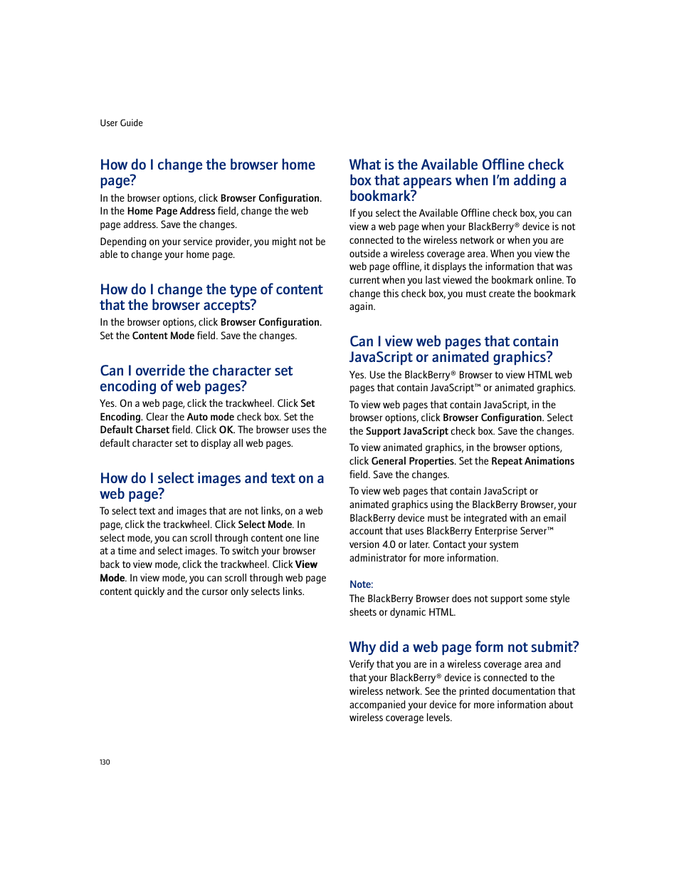 How do i change the browser home page, How do i select images and text on a web page, Why did a web page form not submit | Blackberry 7100I User Manual | Page 130 / 160