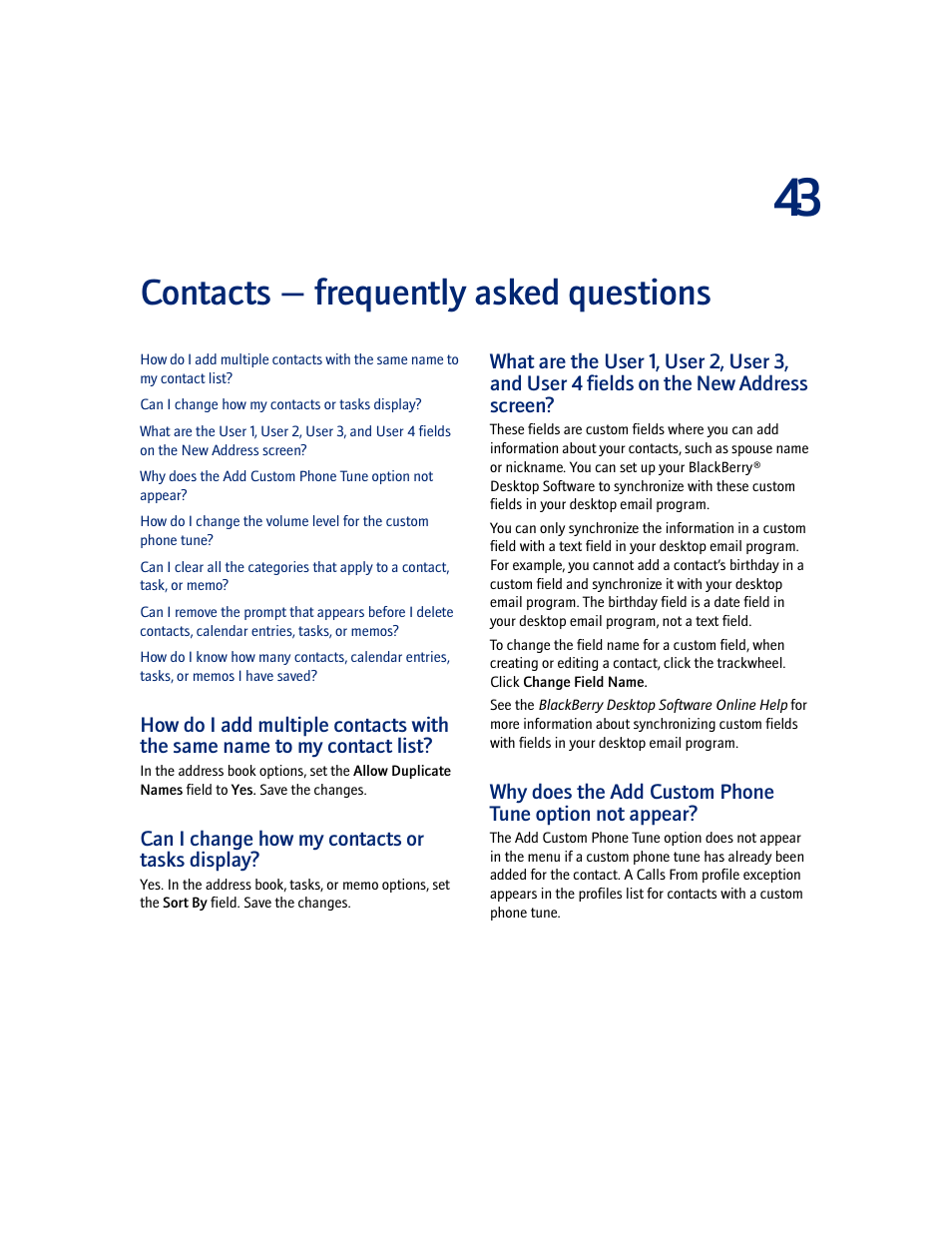 Contacts - frequently asked questions, Can i change how my contacts or tasks display, Contacts — frequently asked questions | Blackberry 7100I User Manual | Page 133 / 160