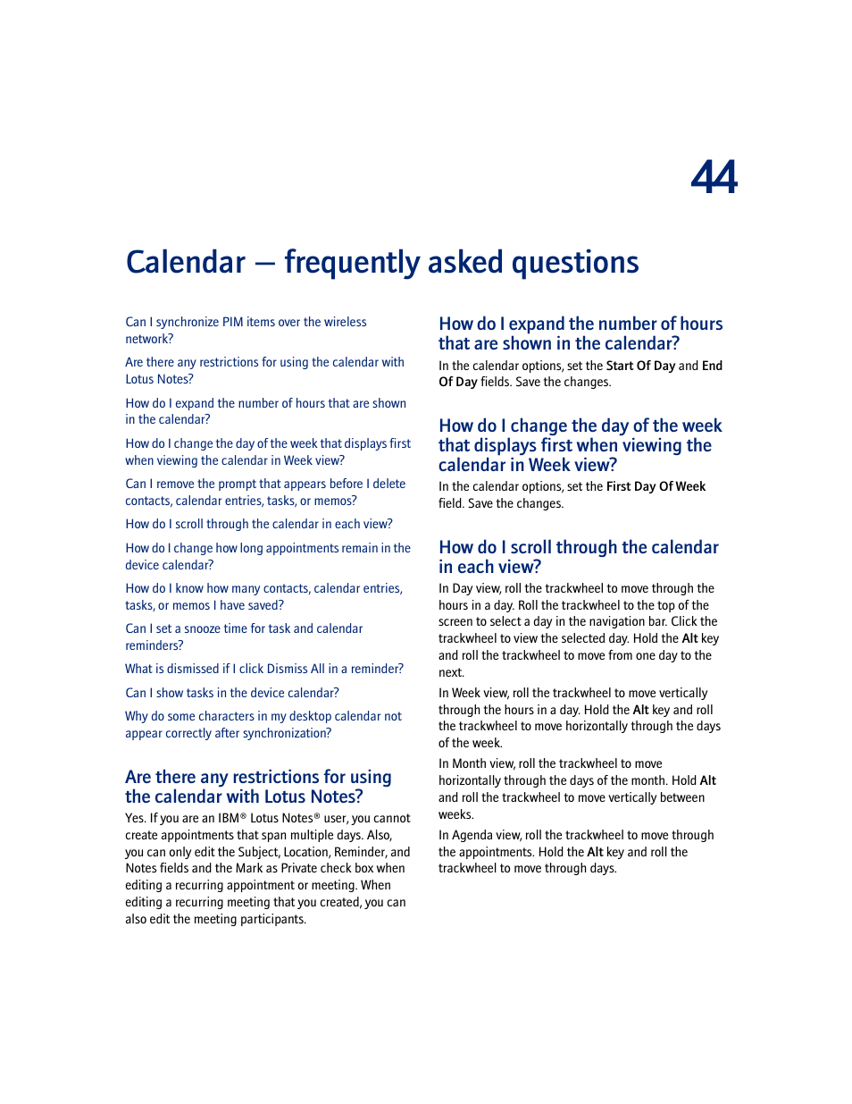 Calendar - frequently asked questions, How do i scroll through the calendar in each view, Calendar — frequently asked questions | Blackberry 7100I User Manual | Page 135 / 160