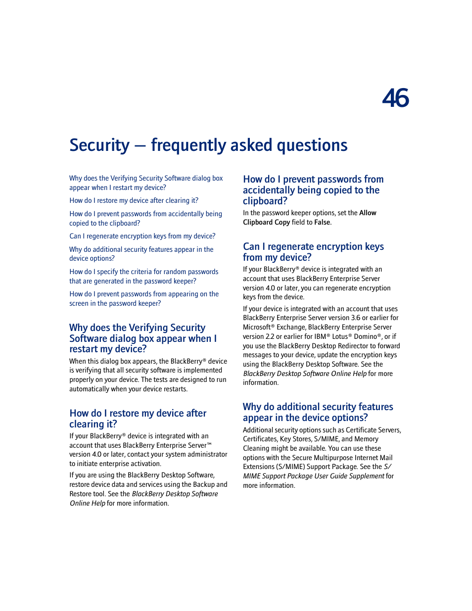 Security - frequently asked questions, How do i restore my device after clearing it, Can i regenerate encryption keys from my device | Security — frequently asked questions | Blackberry 7100I User Manual | Page 139 / 160