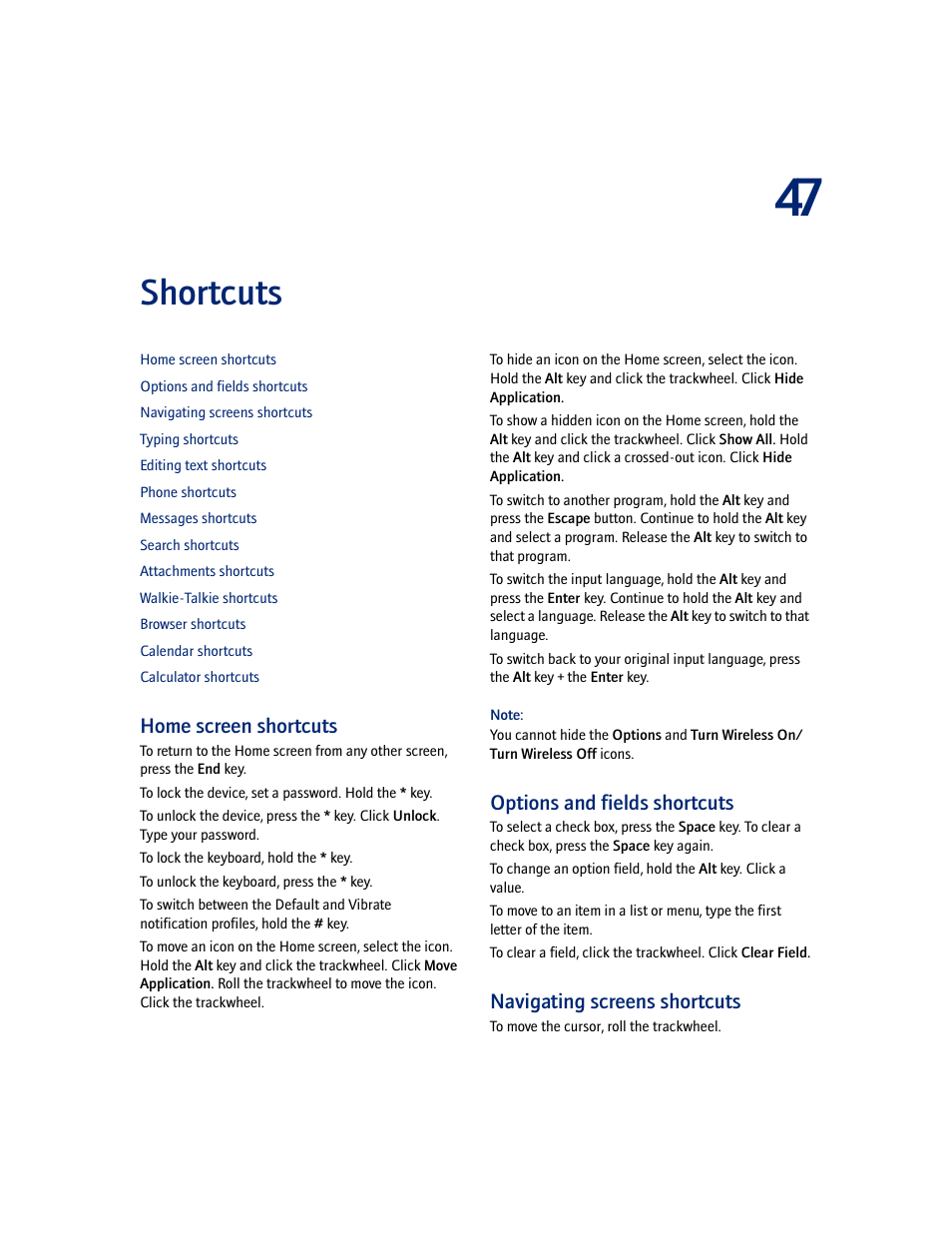 Shortcuts, Home screen shortcuts, Options and fields shortcuts | Navigating screens shortcuts | Blackberry 7100I User Manual | Page 141 / 160