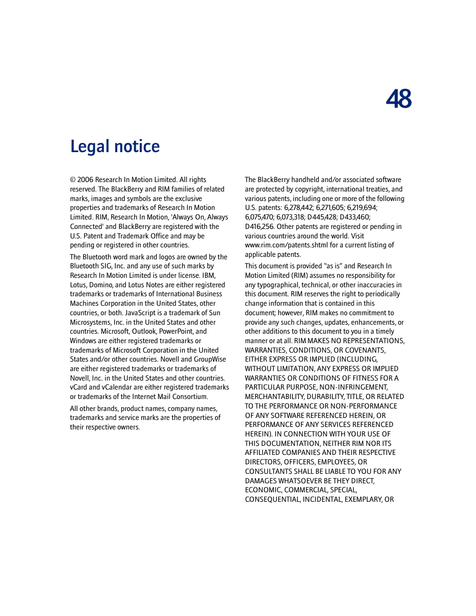 Legal notice | Blackberry 7100I User Manual | Page 143 / 160