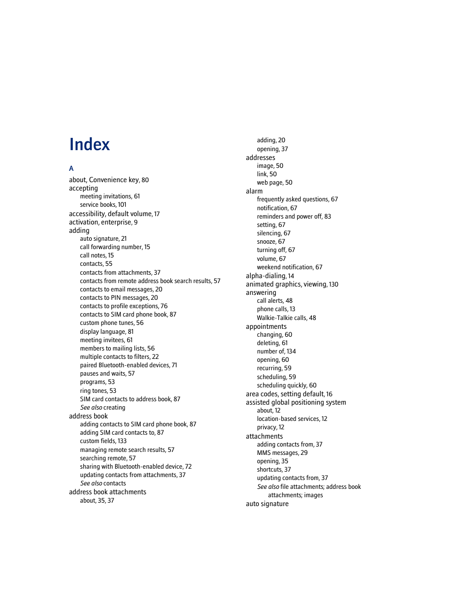 Index | Blackberry 7100I User Manual | Page 145 / 160