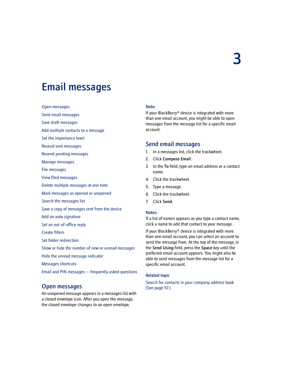 Email messages, Open messages, Send email messages | Blackberry 7100I User Manual | Page 19 / 160