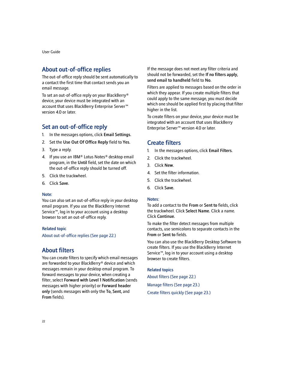 About out-of-office replies, Set an out-of-office reply, About filters | Create filters | Blackberry 7100I User Manual | Page 22 / 160