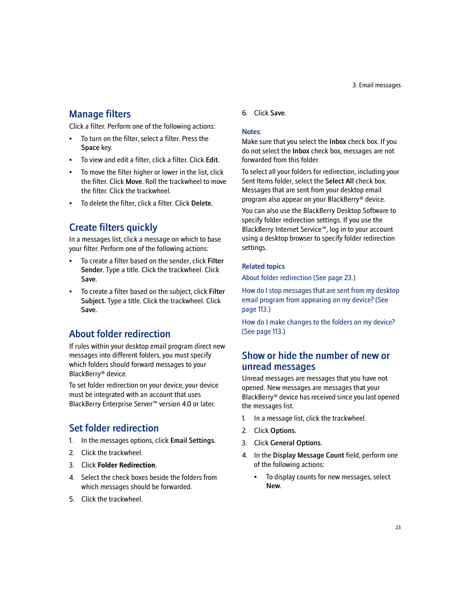 Manage filters, Create filters quickly, About folder redirection | Set folder redirection, Show or hide the number of new or unread messages | Blackberry 7100I User Manual | Page 23 / 160