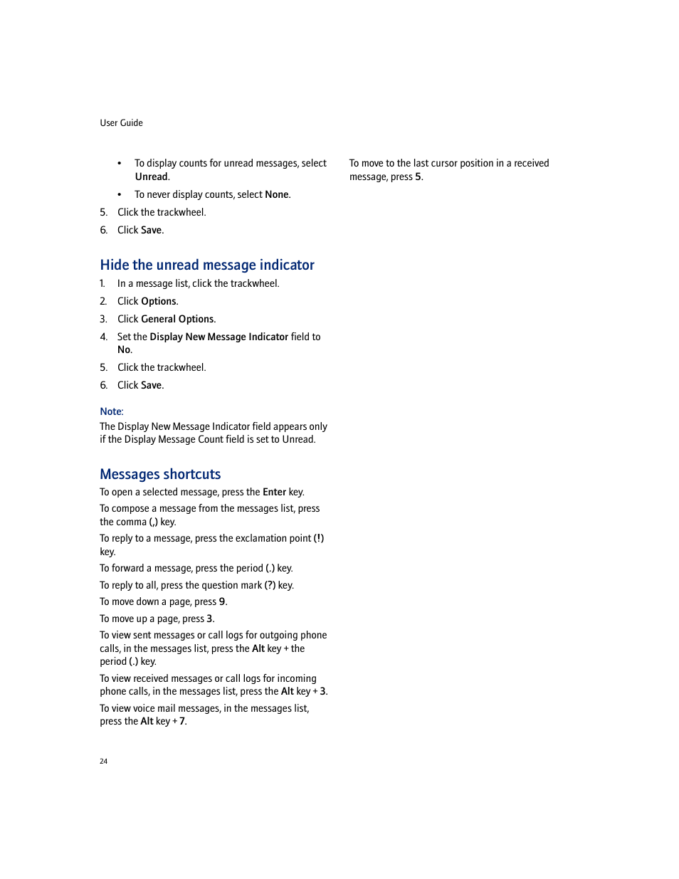 Hide the unread message indicator, Messages shortcuts | Blackberry 7100I User Manual | Page 24 / 160