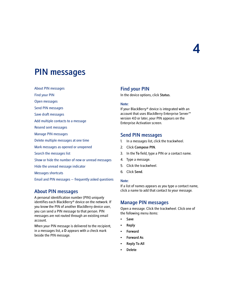 Pin messages, About pin messages, Find your pin | Send pin messages, Manage pin messages | Blackberry 7100I User Manual | Page 25 / 160
