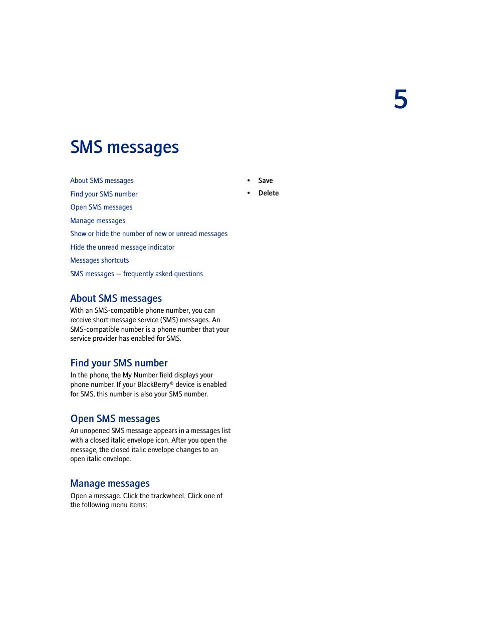 Sms messages, About sms messages, Find your sms number | Open sms messages, Manage messages | Blackberry 7100I User Manual | Page 27 / 160