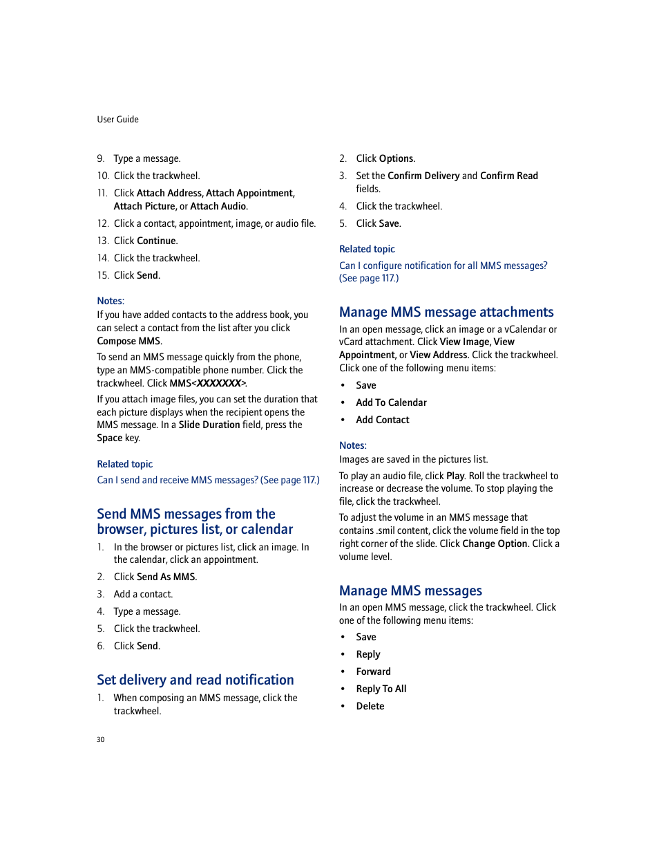 Set delivery and read notification, Manage mms message attachments, Manage mms messages | Blackberry 7100I User Manual | Page 30 / 160