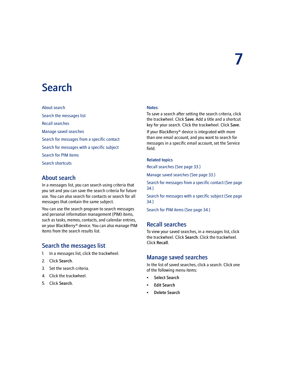 Search, About search, Search the messages list | Recall searches, Manage saved searches | Blackberry 7100I User Manual | Page 33 / 160