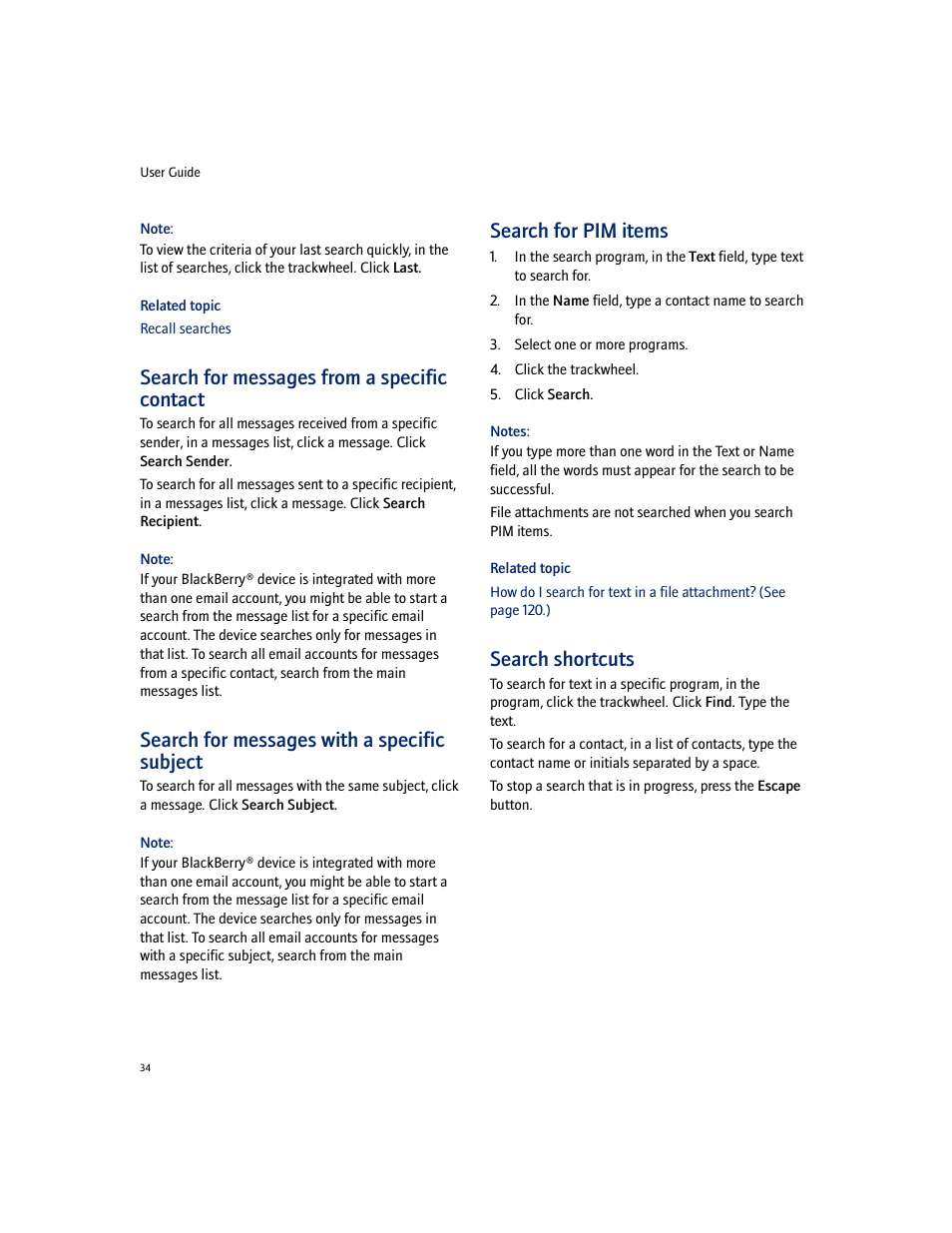 Search for messages from a specific contact, Search for messages with a specific subject, Search for pim items | Search shortcuts | Blackberry 7100I User Manual | Page 34 / 160