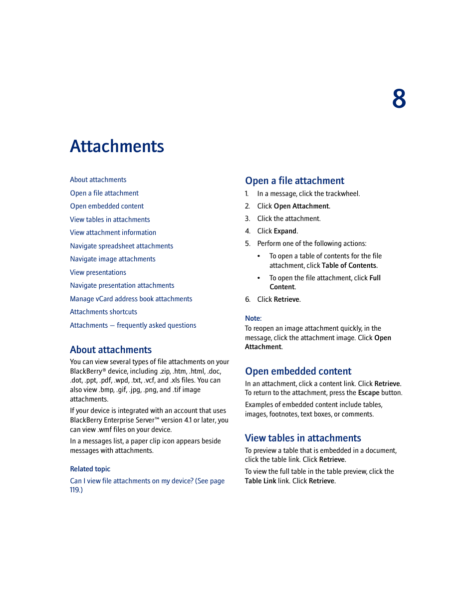 Attachments, About attachments, Open a file attachment | Open embedded content, View tables in attachments | Blackberry 7100I User Manual | Page 35 / 160