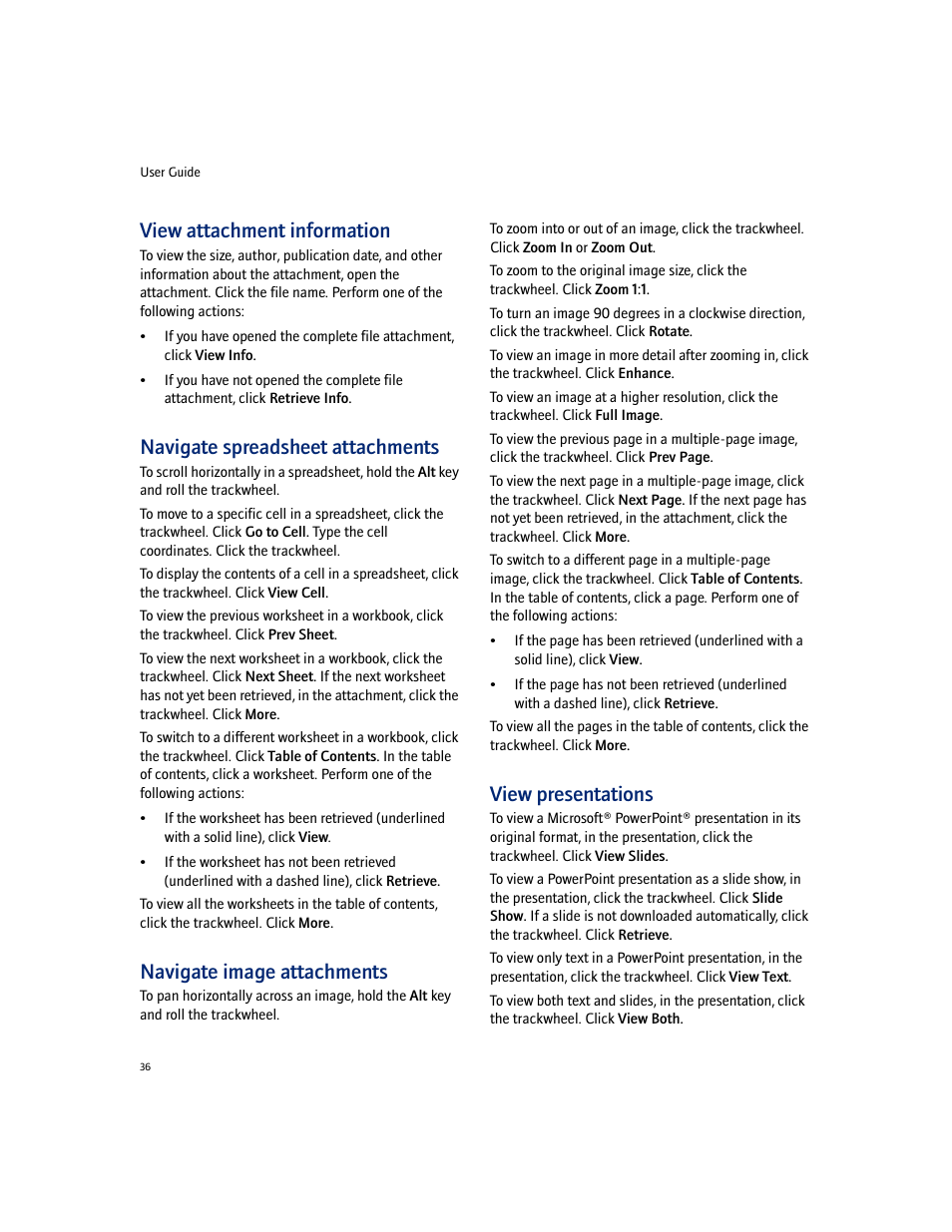 View attachment information, Navigate spreadsheet attachments, Navigate image attachments | View presentations | Blackberry 7100I User Manual | Page 36 / 160