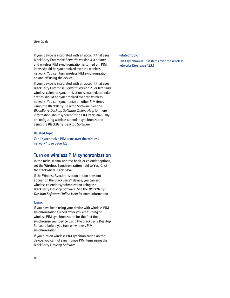 Turn on wireless pim synchronization | Blackberry 7100I User Manual | Page 40 / 160