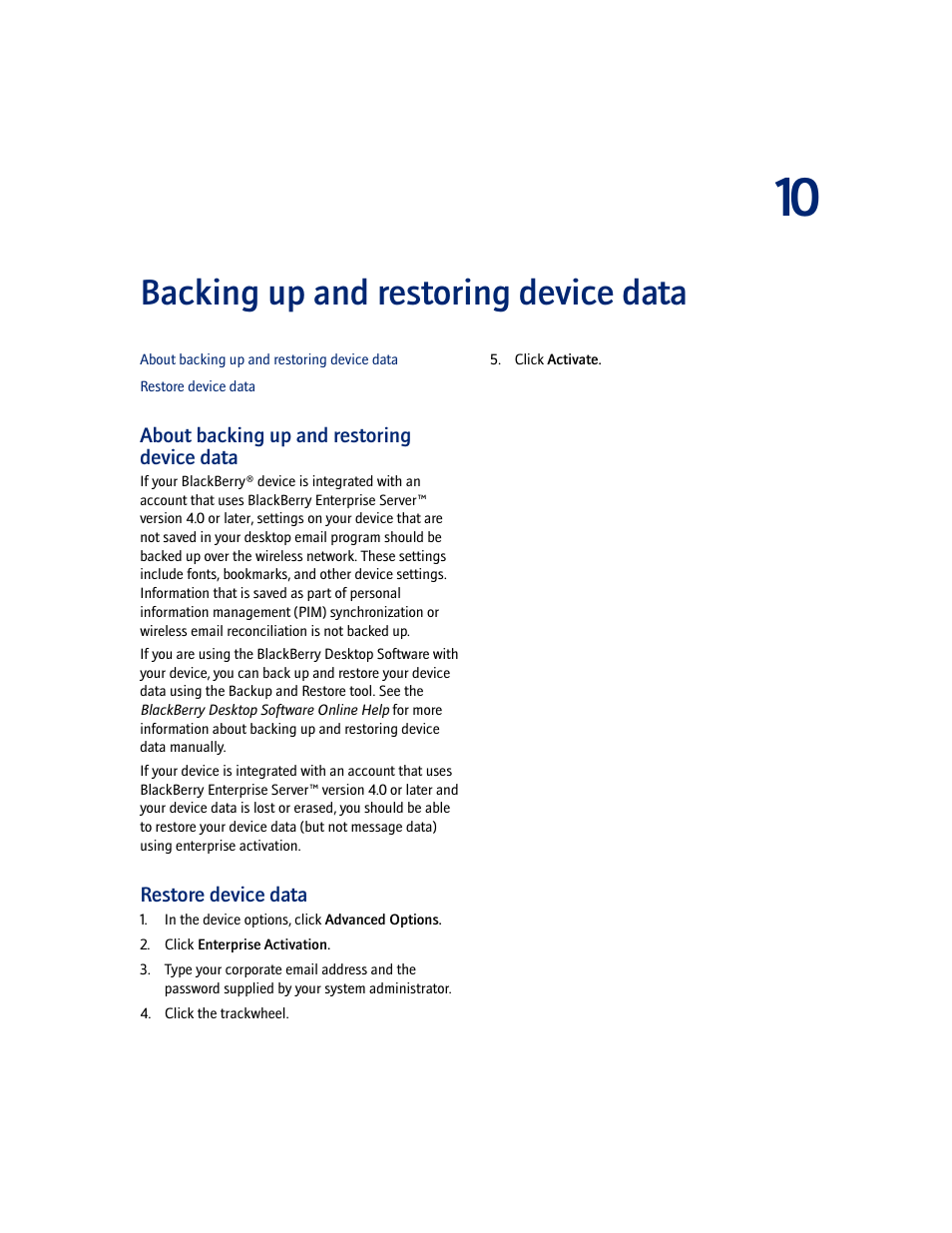 Backing up and restoring device data, About backing up and restoring device data, Restore device data | Blackberry 7100I User Manual | Page 41 / 160