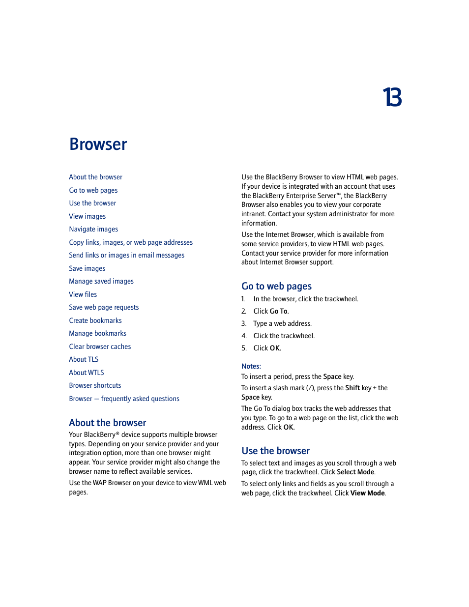 Browser, About the browser, Use the browser | Go to web pages | Blackberry 7100I User Manual | Page 49 / 160