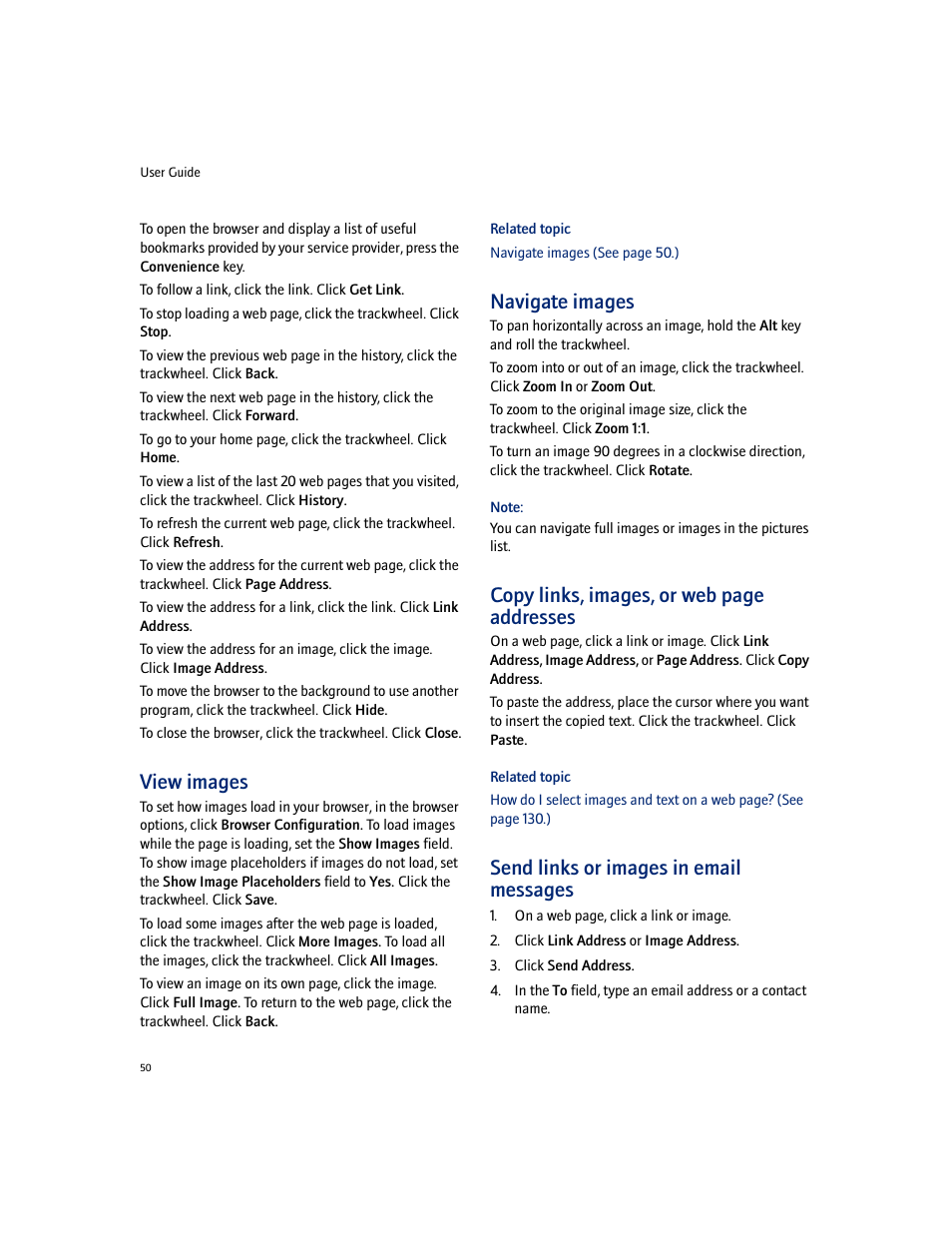 View images, Navigate images, Send links or images in email messages | Copy links, images, or web page addresses | Blackberry 7100I User Manual | Page 50 / 160