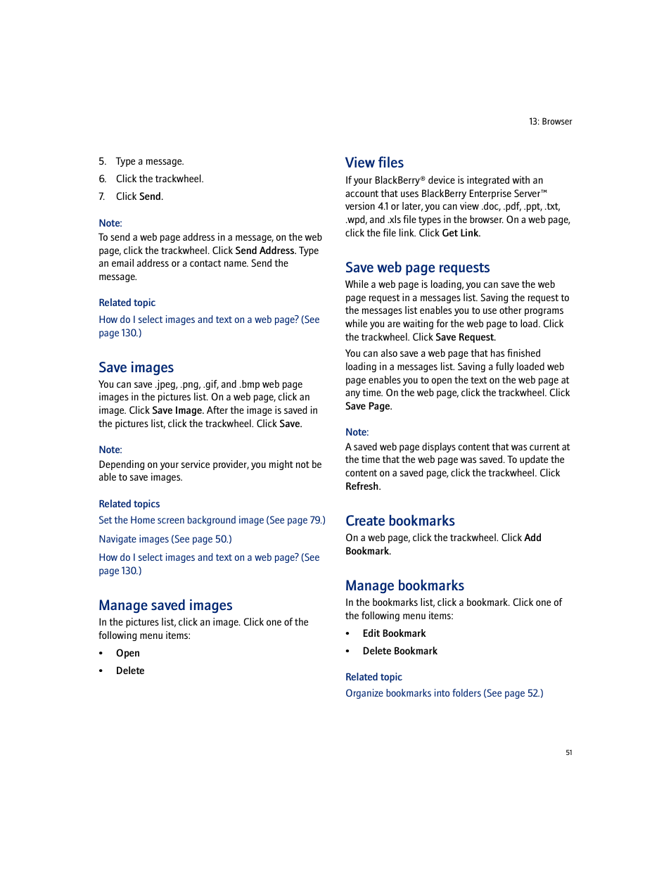 Save images, Manage saved images, View files | Create bookmarks, Manage bookmarks, Save web page requests | Blackberry 7100I User Manual | Page 51 / 160