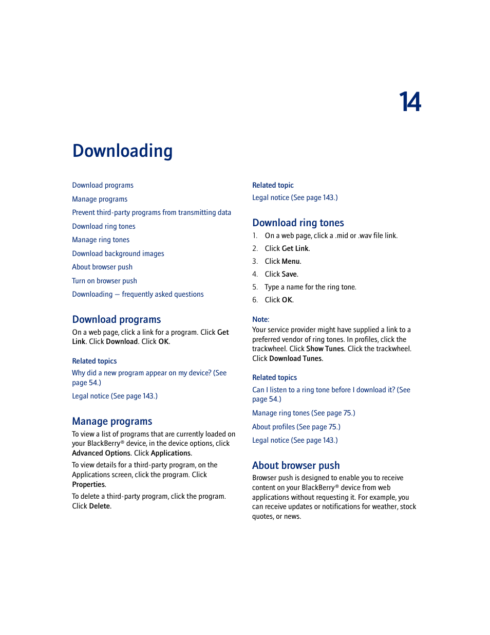 Downloading, Download programs, Manage programs | Download ring tones, About browser push | Blackberry 7100I User Manual | Page 53 / 160