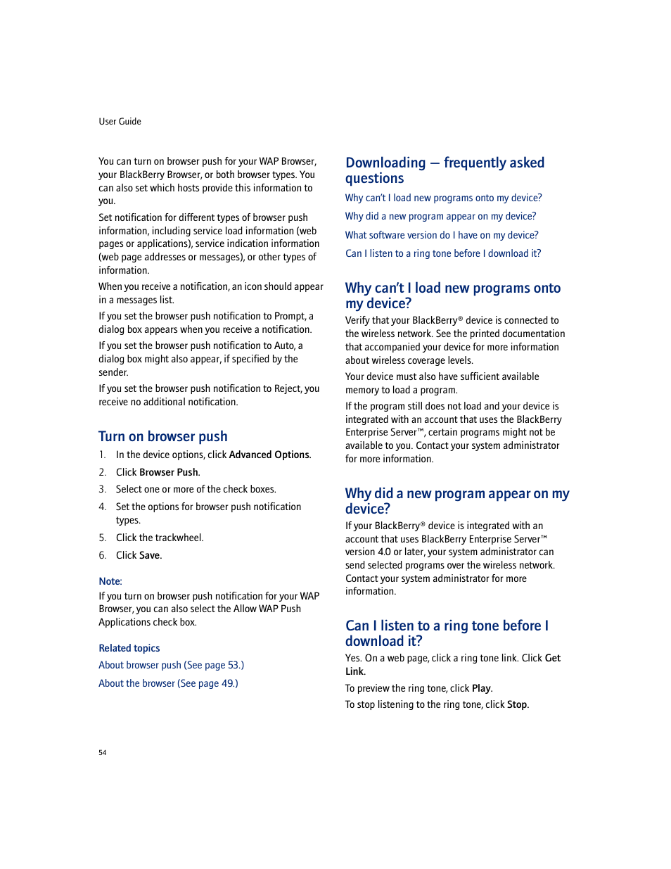 Turn on browser push, Downloading - frequently asked questions, Why can’t i load new programs onto my device | Why did a new program appear on my device, Can i listen to a ring tone before i download it, Downloading — frequently asked questions | Blackberry 7100I User Manual | Page 54 / 160