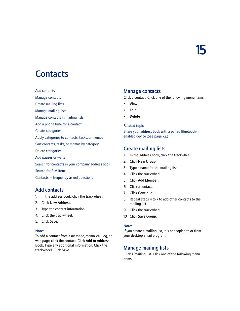 Contacts, Add contacts, Manage contacts | Create mailing lists, Manage mailing lists | Blackberry 7100I User Manual | Page 55 / 160