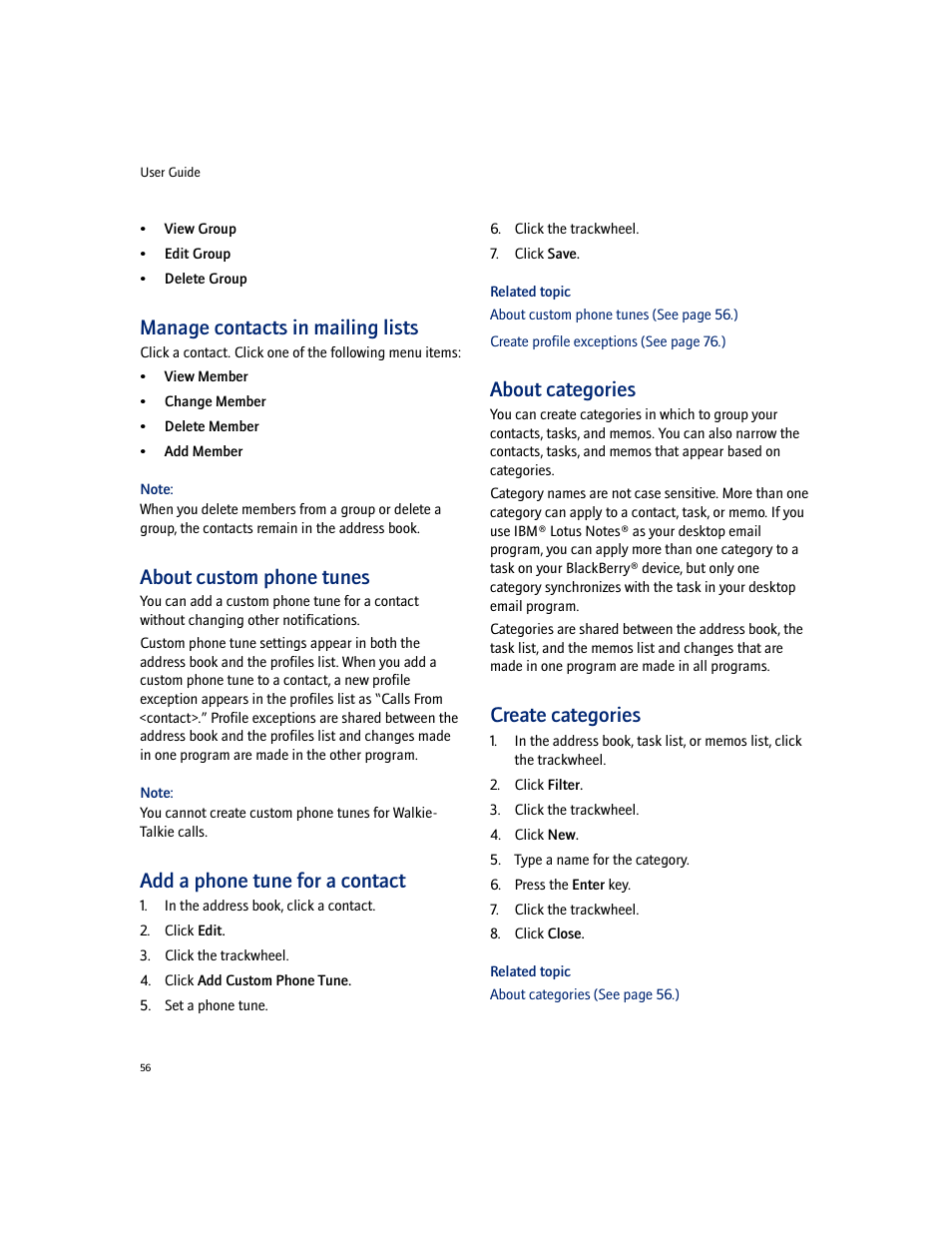 Manage contacts in mailing lists, About custom phone tunes, Add a phone tune for a contact | About categories, Create categories | Blackberry 7100I User Manual | Page 56 / 160