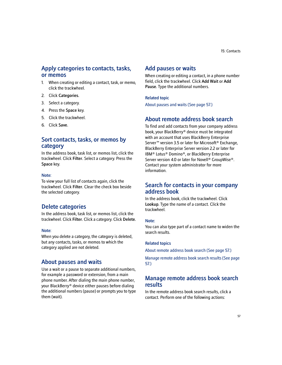 Apply categories to contacts, tasks, or memos, Sort contacts, tasks, or memos by category, Delete categories | About pauses and waits, Add pauses or waits, About remote address book search, Search for contacts in your company address book, Manage remote address book search results | Blackberry 7100I User Manual | Page 57 / 160