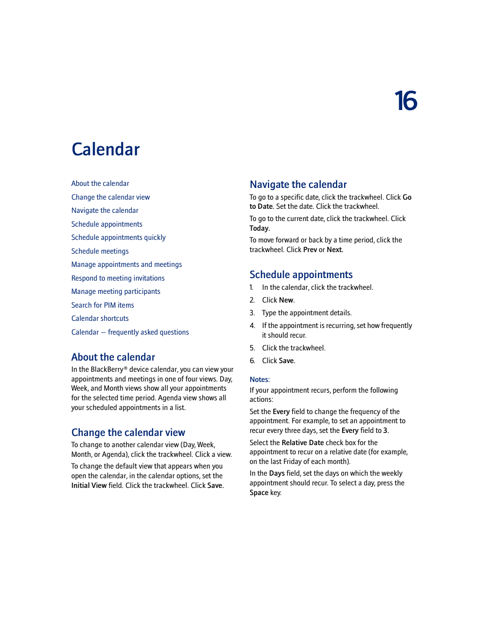 Calendar, About the calendar, Change the calendar view | Navigate the calendar, Schedule appointments | Blackberry 7100I User Manual | Page 59 / 160