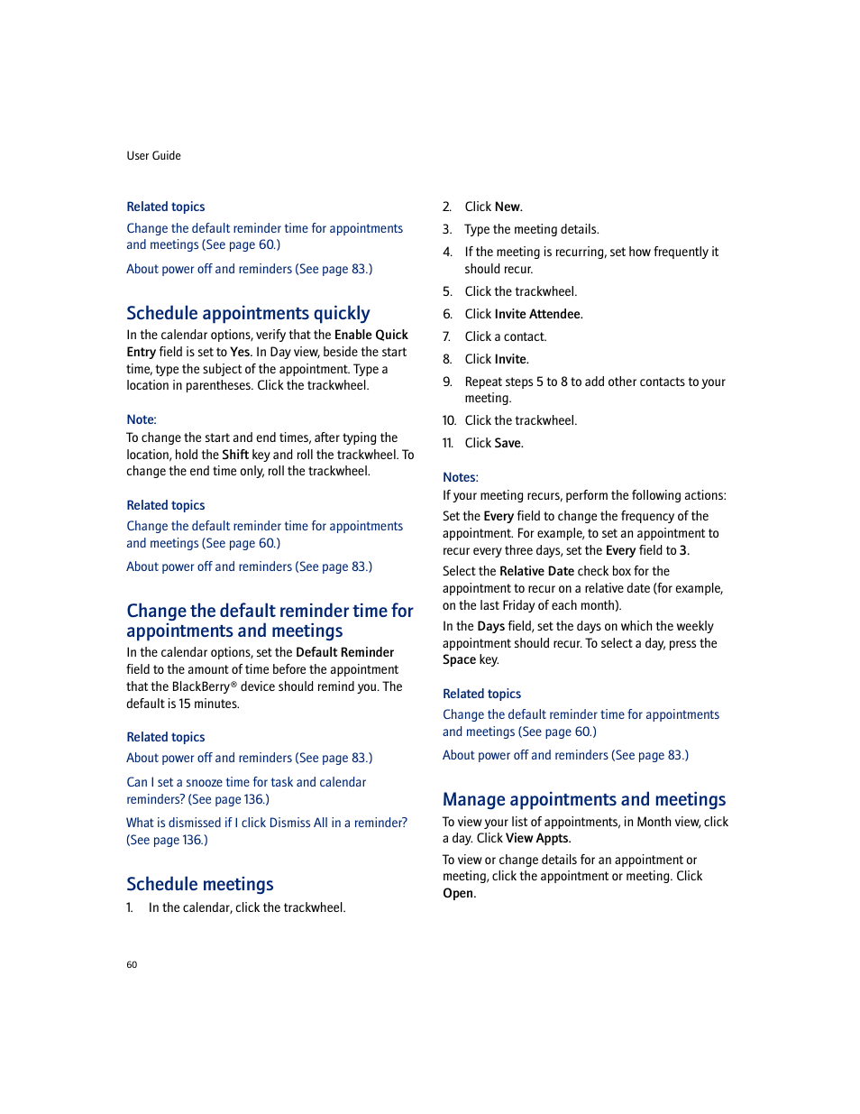 Schedule appointments quickly, Schedule meetings, Manage appointments and meetings | Blackberry 7100I User Manual | Page 60 / 160