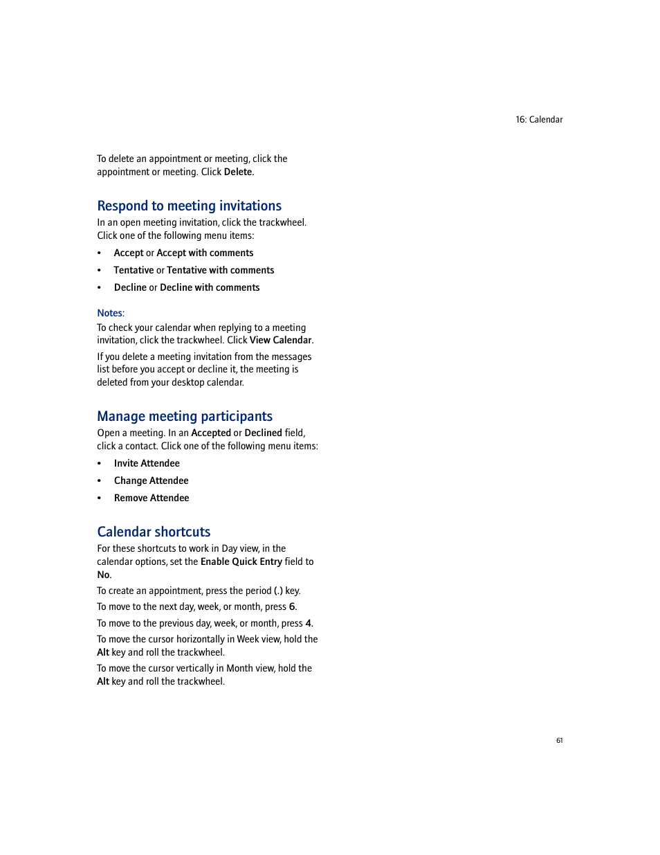 Respond to meeting invitations, Manage meeting participants, Calendar shortcuts | Blackberry 7100I User Manual | Page 61 / 160