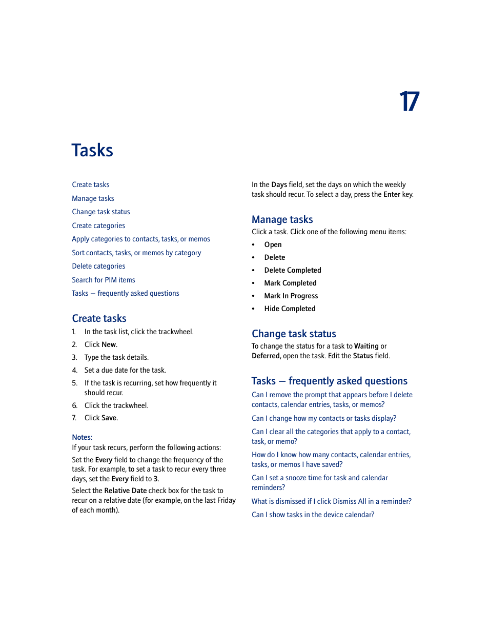 Tasks, Create tasks, Manage tasks | Change task status, Tasks - frequently asked questions, Tasks — frequently asked questions | Blackberry 7100I User Manual | Page 63 / 160