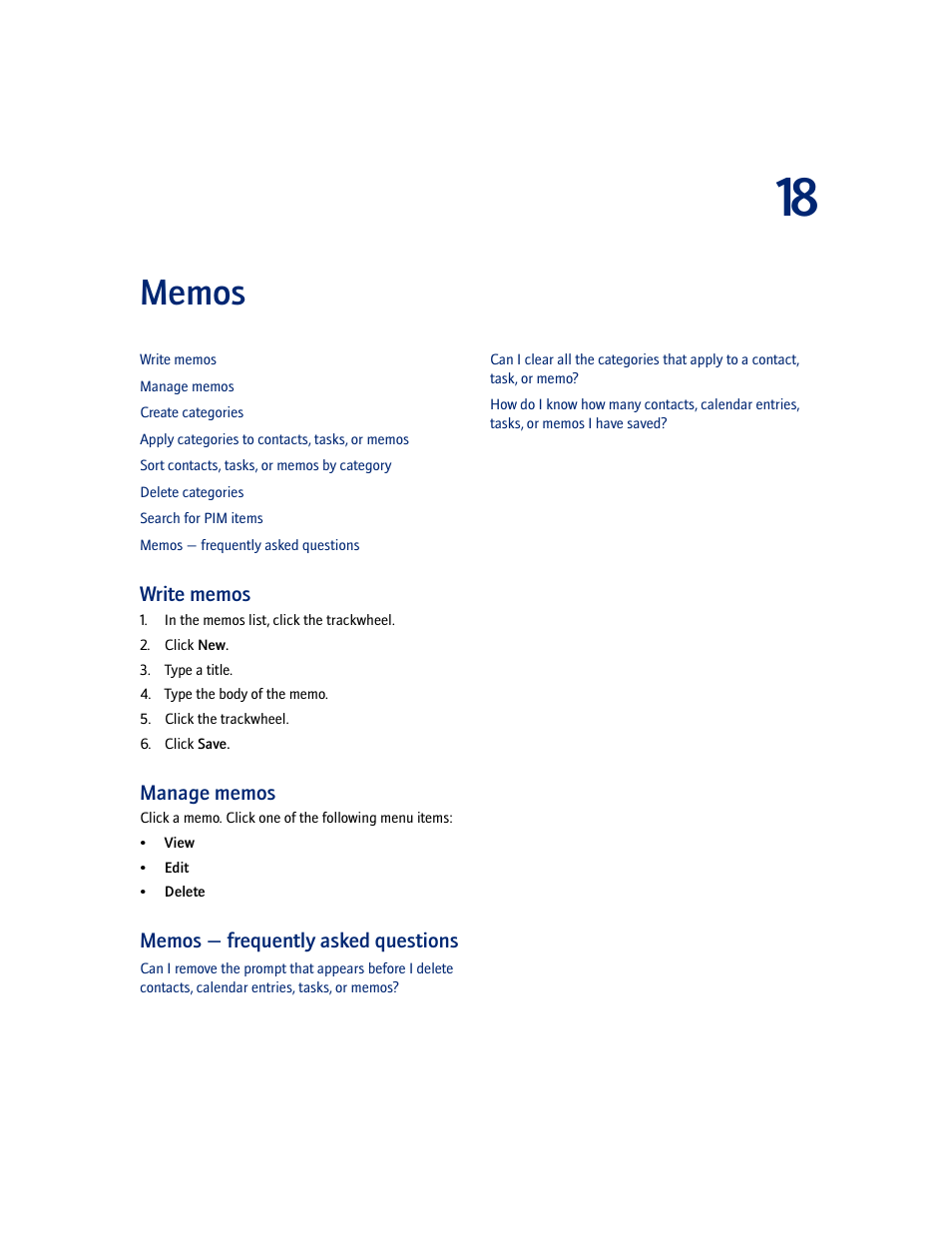 Memos, Write memos, Manage memos | Memos - frequently asked questions | Blackberry 7100I User Manual | Page 65 / 160