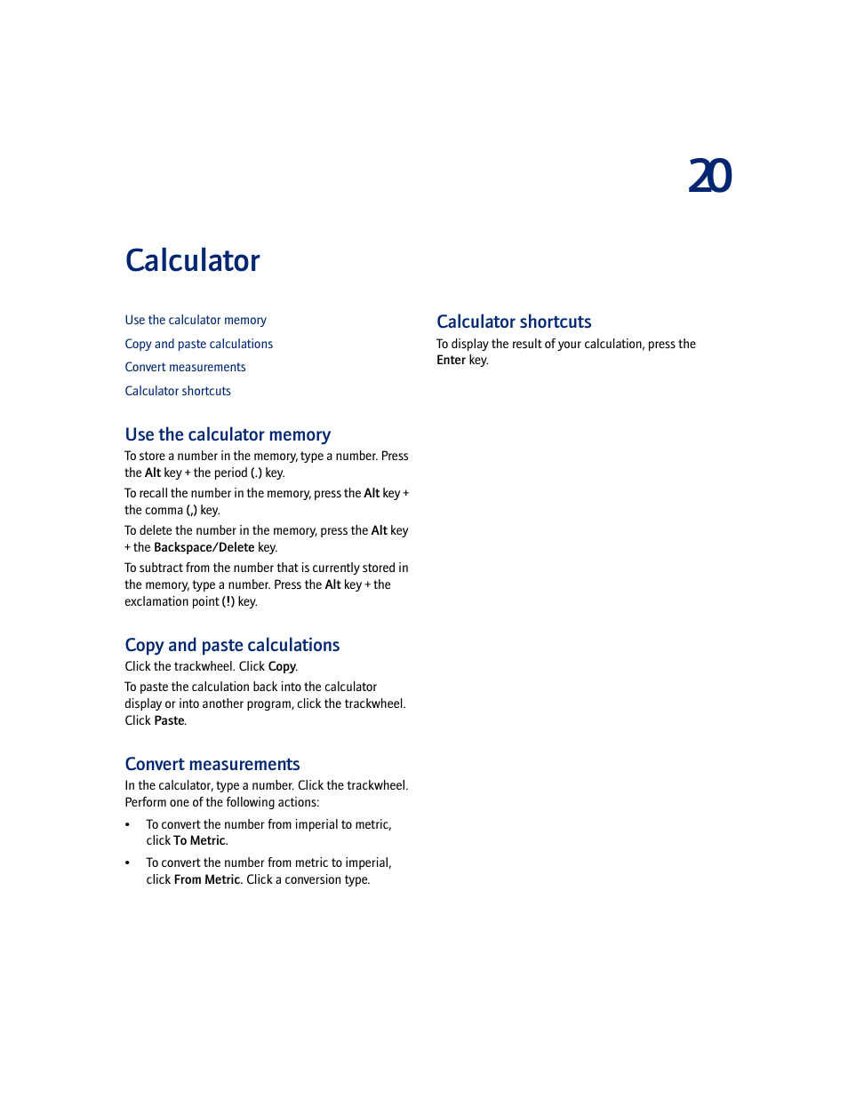 Calculator, Use the calculator memory, Copy and paste calculations | Convert measurements, Calculator shortcuts | Blackberry 7100I User Manual | Page 69 / 160