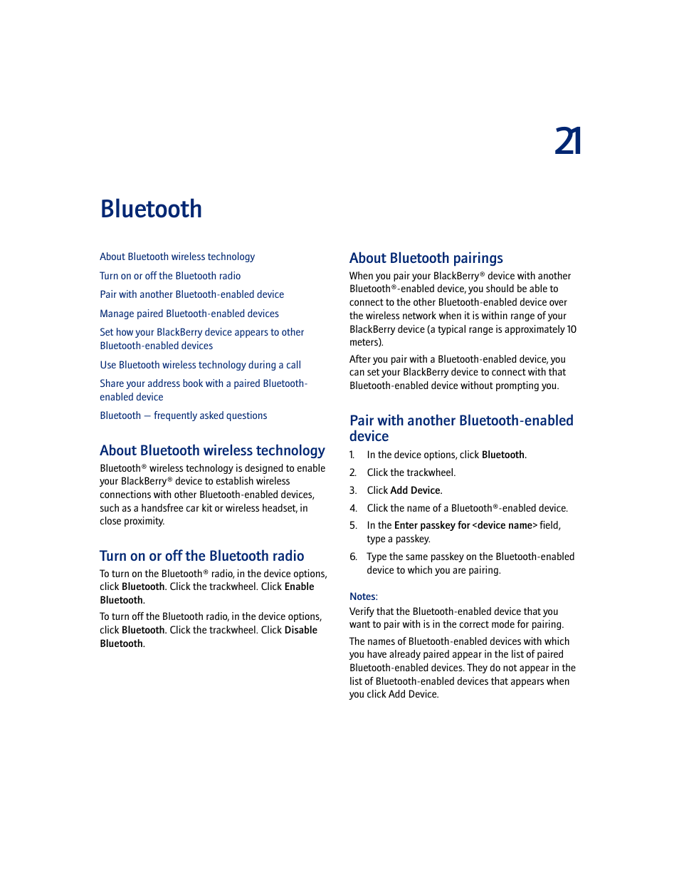 Bluetooth, About bluetooth wireless technology, Turn on or off the bluetooth radio | About bluetooth pairings, Pair with another bluetooth-enabled device | Blackberry 7100I User Manual | Page 71 / 160