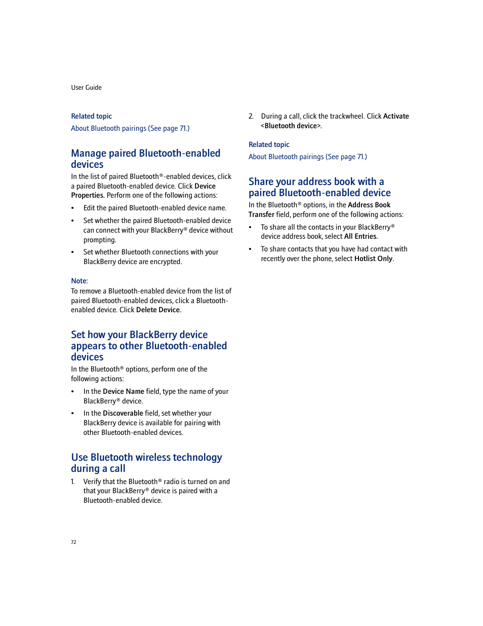 Manage paired bluetooth-enabled devices, Use bluetooth wireless technology during a call | Blackberry 7100I User Manual | Page 72 / 160